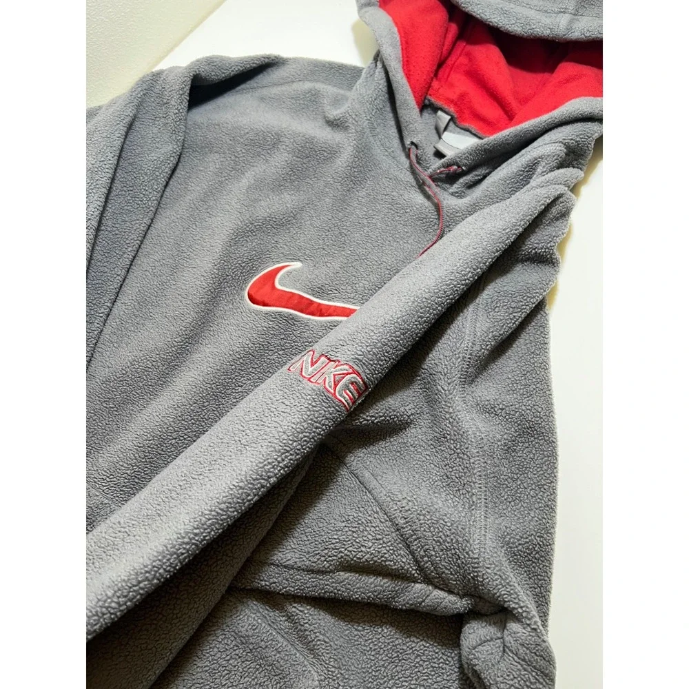Vintage Nike Mens Hoodie Large Grey Red Center Swoosh Fleece Pullover Y2K